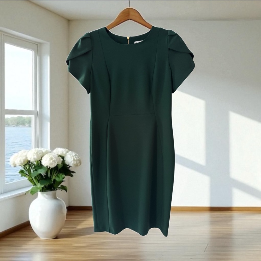 NWOT Calvin Klein Green Tulip Sheath Dress Green with Gold Back Zipper - Picture 3 of 9